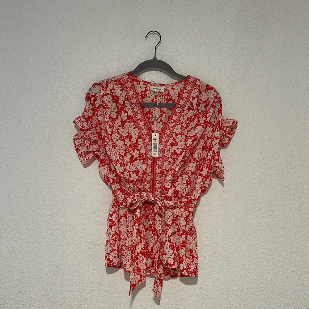 Max Studio Red and White Ruffled Cap Sleeve Blouse